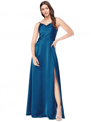 Acquista Blu Pavone Linea A Sottili Cappuccio Raso Setoso Lunga Formali Abiti da damigella donore / Abiti da sera / Abiti da ballo