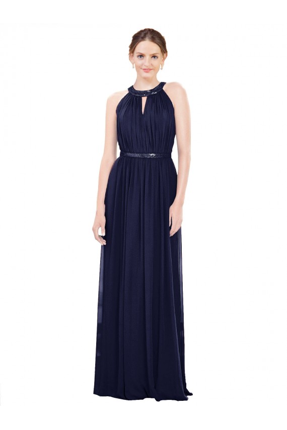 Acquista Blu marino scuro Linea A Alto Collo Chiffona Lunga Abiti da damigella donore