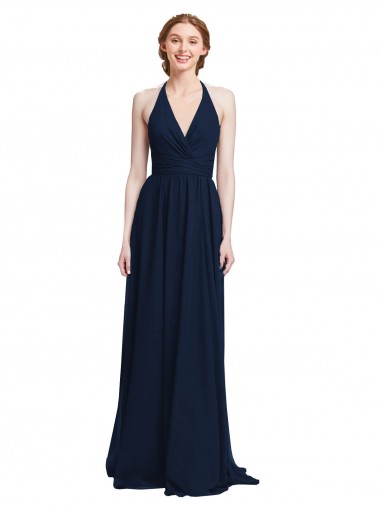 Acquista Blu marino scuro Linea A Capestro Scollatura a V Chiffona Lunga Abiti da damigella donore