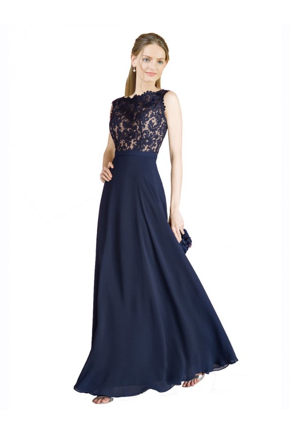 Acquista Blu marino scuro Linea A Illusione Chiffona Pizzo Lunga Abiti da damigella donore / Abiti da ballo