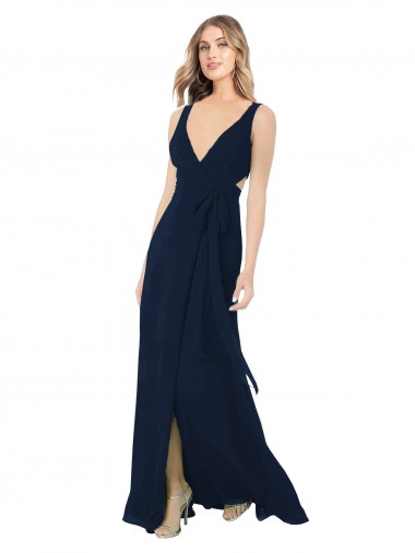 Acquista Blu marino scuro Linea A Scollatura a V Chiffona Lunga Abiti da damigella donore